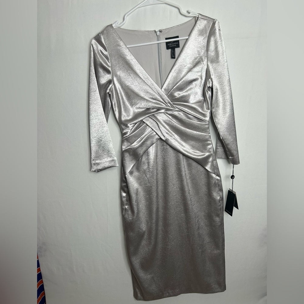 NWT Adrianna Papell Women’s Cocktail Satin Silver Midi Sheath Moonlight 4